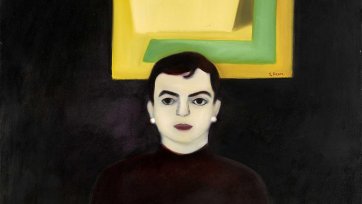 Portrait of Louise Forthun in front of a Stephen Bram