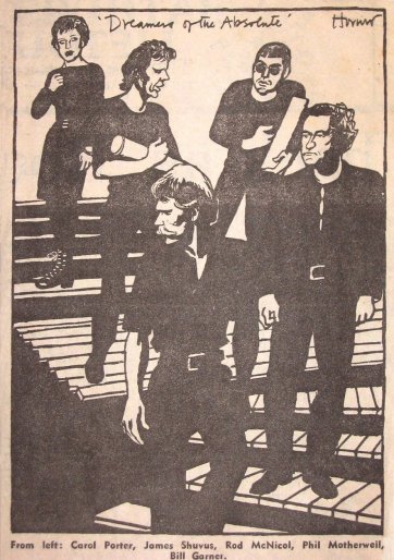 Cartoon accompanying review of Dreamers of the Absolute, 1978 by Arthur Horner