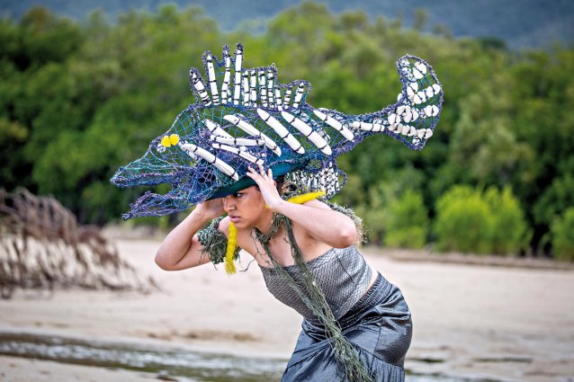 Mylene Holroyd working on a goanna for the CIAF Fashion Show, 2022