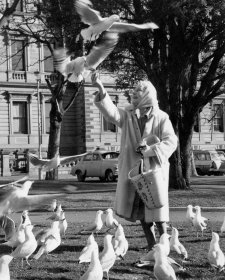 Louise Lovely feeding gulls in a park, 1969 Unknown photographer