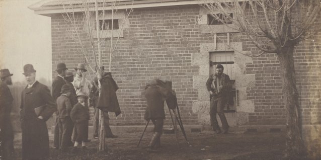 Body of Joe Byrne, hung up for photography at Benalla, 1880