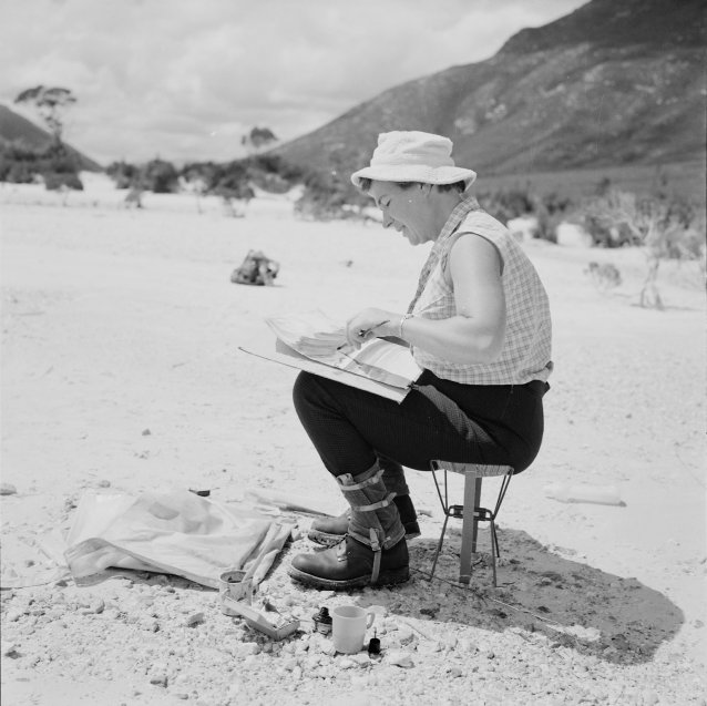 Elspeth Vaughan painting a Lake Pedder scene, 1970