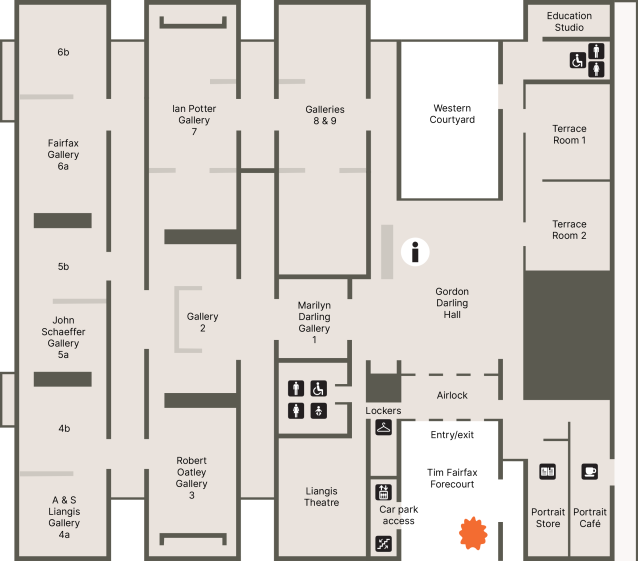 A floorplan of the Gallery showing the location of the entrance, cafe, shop and toilets