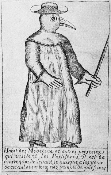 Plague doctors; Habit des Medecins, et autres personnes qui visitent les Pestiferes Il est de marroquin lenant(?), le masque a les yeux de cristal, et un long nex rempli de parfums. Unknown artist