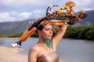 The collection Ghost Net Totems by Pormpuraaw Arts and Cultural Centre (featuring Simone Arnol designs) shown as part of the Cairns Indigenous Art Fair Fashion Performance: Water is Sacred, 2020 Ebony Doyle