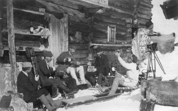 William Robertson’s brother George Pringle Robertson (centre) and William’s brother-in-law Mike Murphy (second from the right) celebrate Lewis Child’s victory in the International Toboggan Race, c. 1888