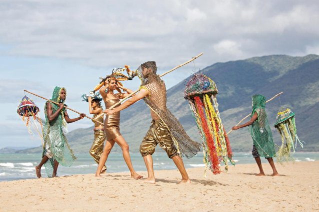 The collection Ghost Net Totems by Pormpuraaw Arts and Cultural Centre (featuring Simone Arnol designs) shown as part of the Cairns Indigenous Art Fair Fashion Performance: Water is Sacred, 2020