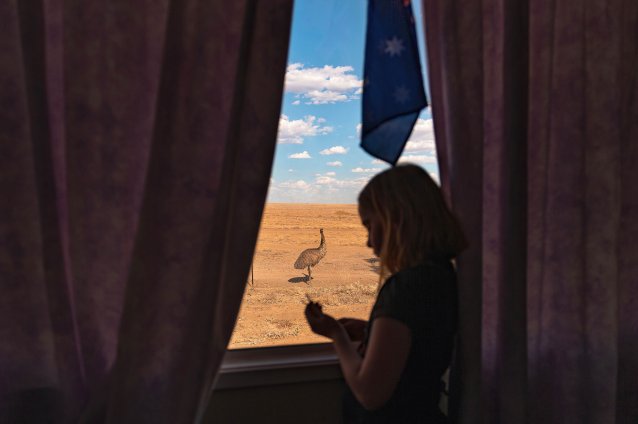 Bella in the window of her home school, 2019